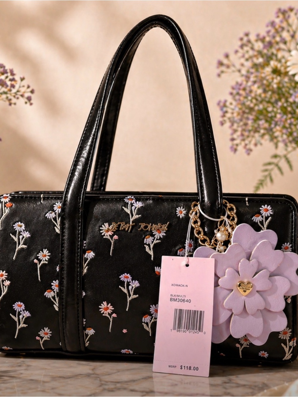Betsey Johnson Black Floral Satchel with Daisy Charm